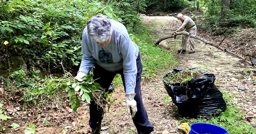 Woman and man working at cleaning up trail.